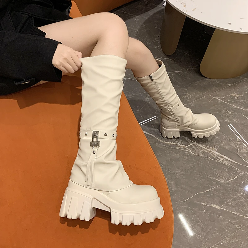冬季加绒英伦风马丁靴女9cm厚底增高跟烟筒酷管靴不过膝瘦瘦长靴