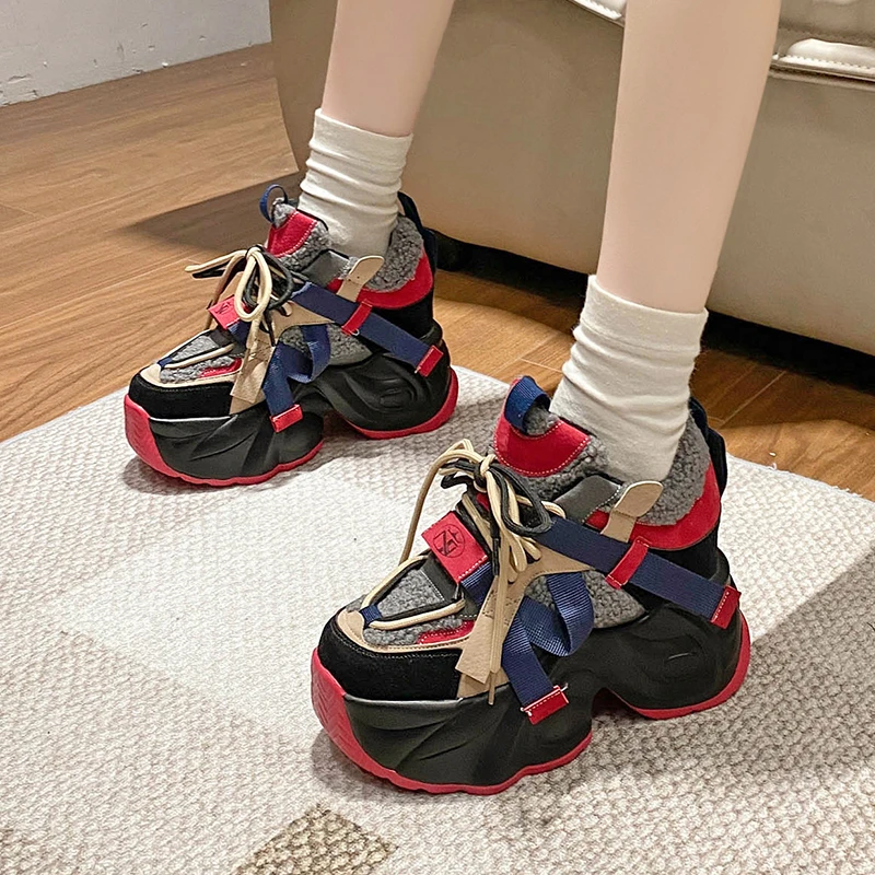 爆款内增高11cm老爹鞋女加绒2023冬季新款松糕厚底棉鞋休闲运动鞋