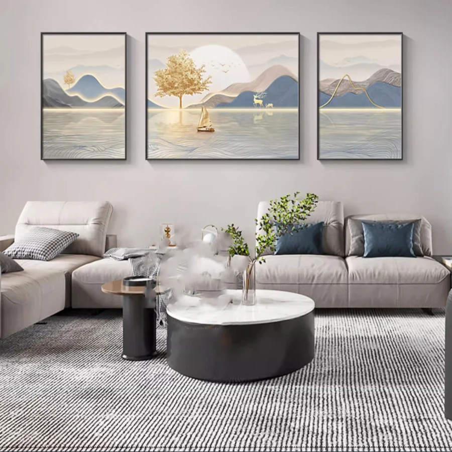 现代轻奢客厅装饰画高档大气沙发背景墙山水挂画一帆风顺三联壁画