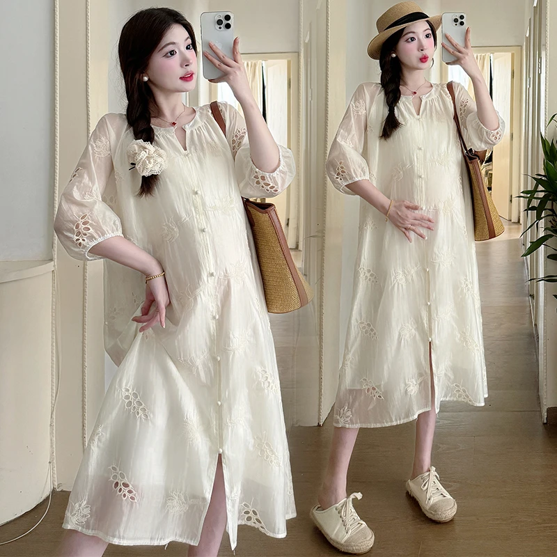 TU TU 自制孕妇装连衣裙夏款新中式刺绣设计感气质温柔遮肚连衣