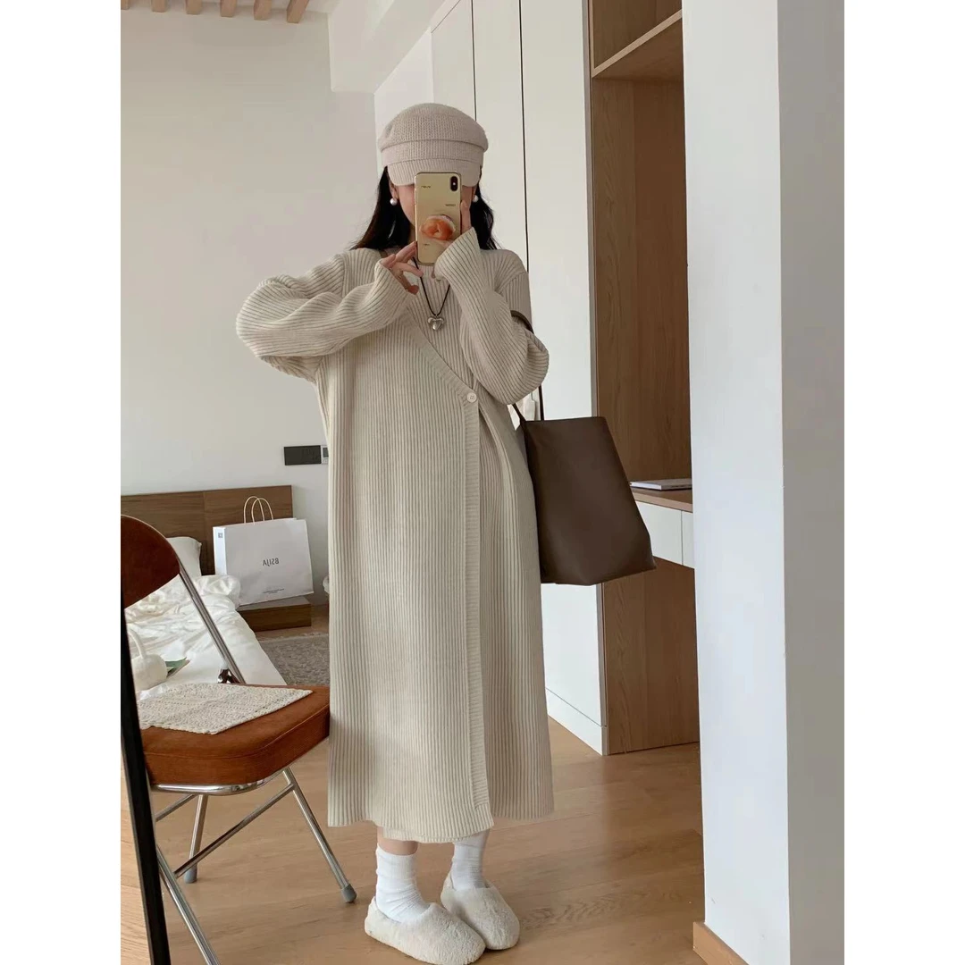 TU TU自制孕妇连衣裙圆领加厚针织孕妇裙中长裙镂空可哺乳孕妇裙