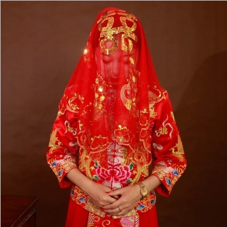 高档盖头纱蒙头红盖头刺绣结婚半透明新娘加大中式秀禾流苏网纱薄