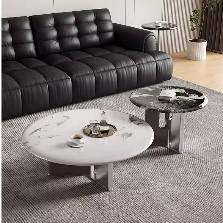 意式轻奢大小圆茶几客厅家用小户型极简不锈钢圆形茶几边几组合