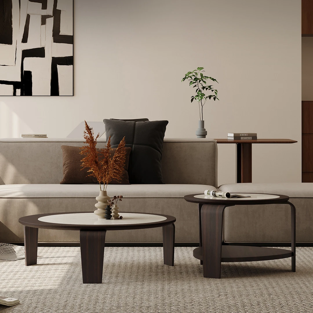 意式极简岩板茶几实木大小组合圆镂空悬浮设计师小户型客厅家用