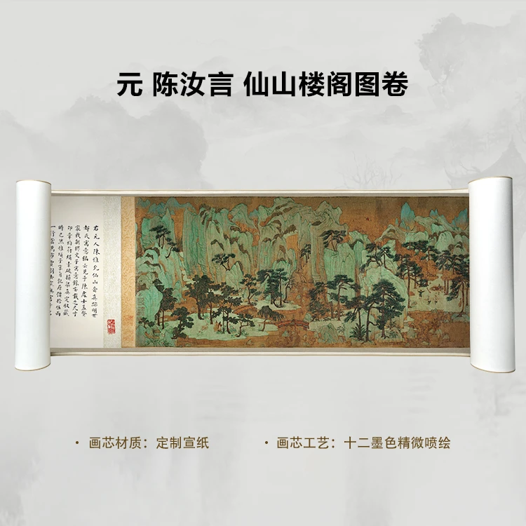 元 陈汝言 仙山楼阁图手卷国画微喷客厅背景高清复刻精装裱卷轴
