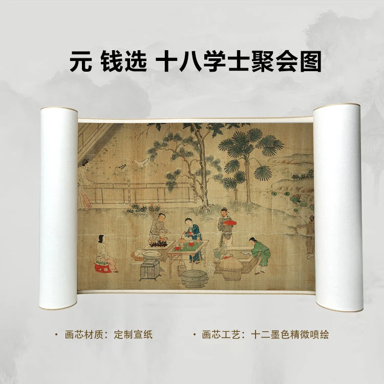 元 钱选 十八学士聚会图手卷国画微喷客厅背景高清复刻精装裱卷轴
