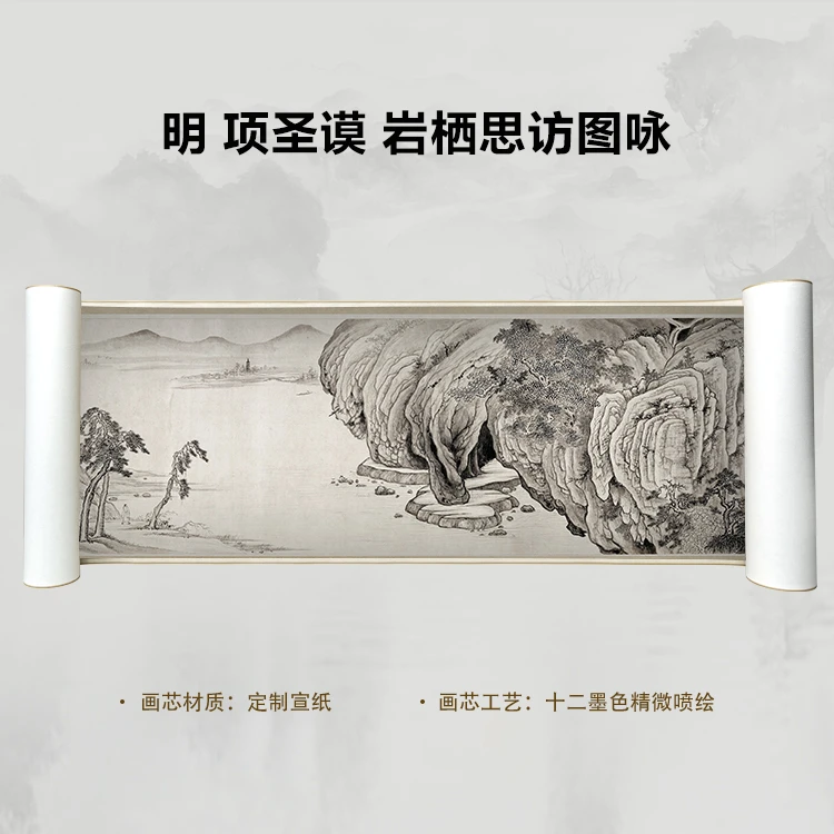 明 项圣谟 岩栖思访图咏手卷国画微喷客厅背景高清复刻精装裱卷轴