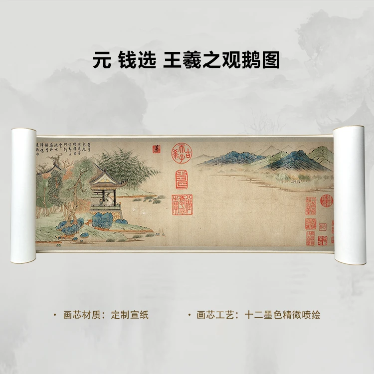 元 钱选 王羲之观鹅图手卷国画微喷客厅背景高清复刻精装裱卷轴