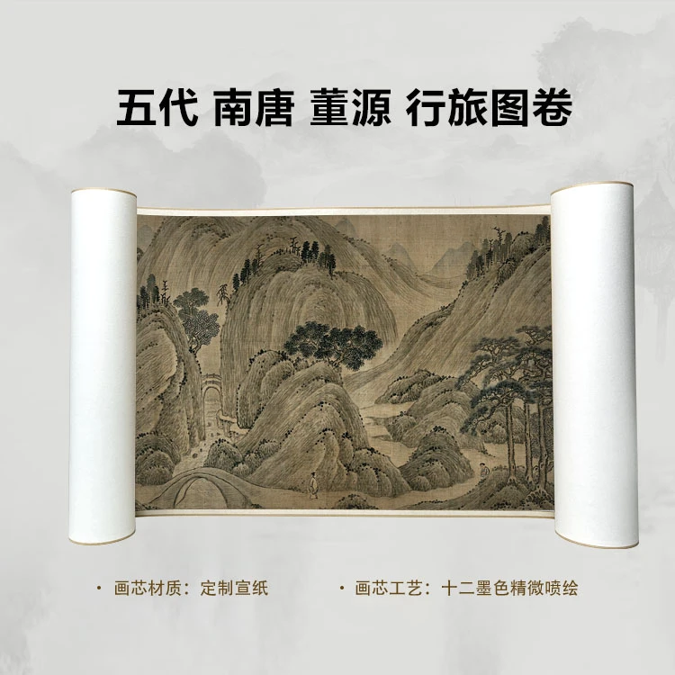 五代 南唐 董源 行旅图卷手卷国画喷绘背景高清复刻精装裱卷轴