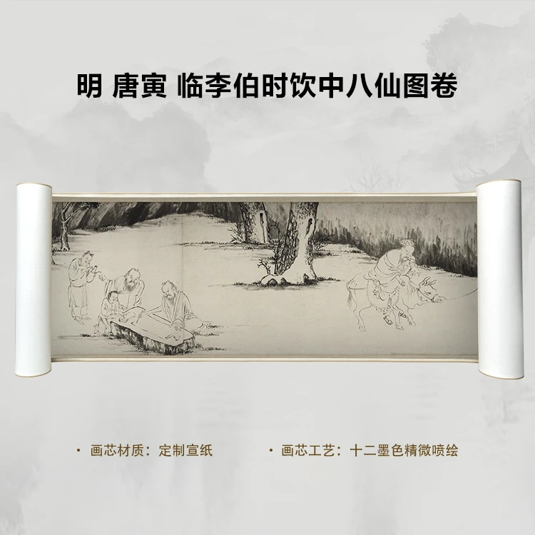 明 唐寅 临李伯时饮中八仙图国画微喷客厅背景高清复刻精装裱卷轴