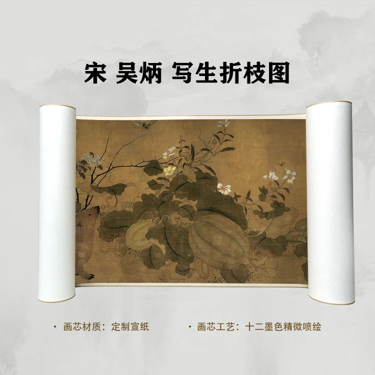 宋 吴炳 写生折枝图卷手卷国画微喷客厅背景高清复刻精装裱卷轴