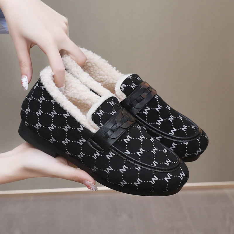 意迪森冬季加绒防滑豆豆鞋女平底一脚蹬时尚秋冬季软底女士雪地靴