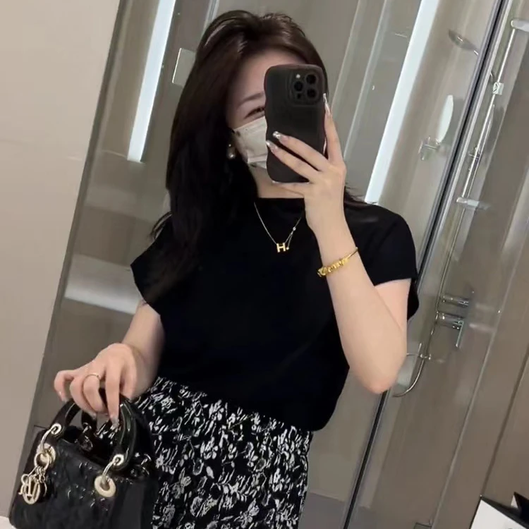【蓝色】【77%莱赛尔纤维】天丝针织圆领短袖上衣女#9907