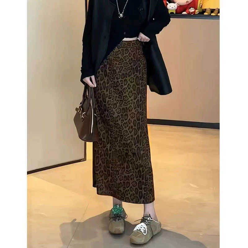 2025秋季豹纹元素中长后开叉百搭显瘦半身裙#5565