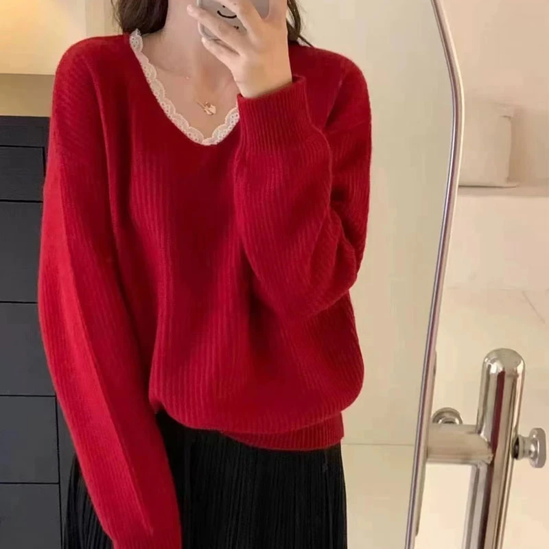 【夏央家】2024秋冬新款套头针织蕾丝拼接毛衣#F120