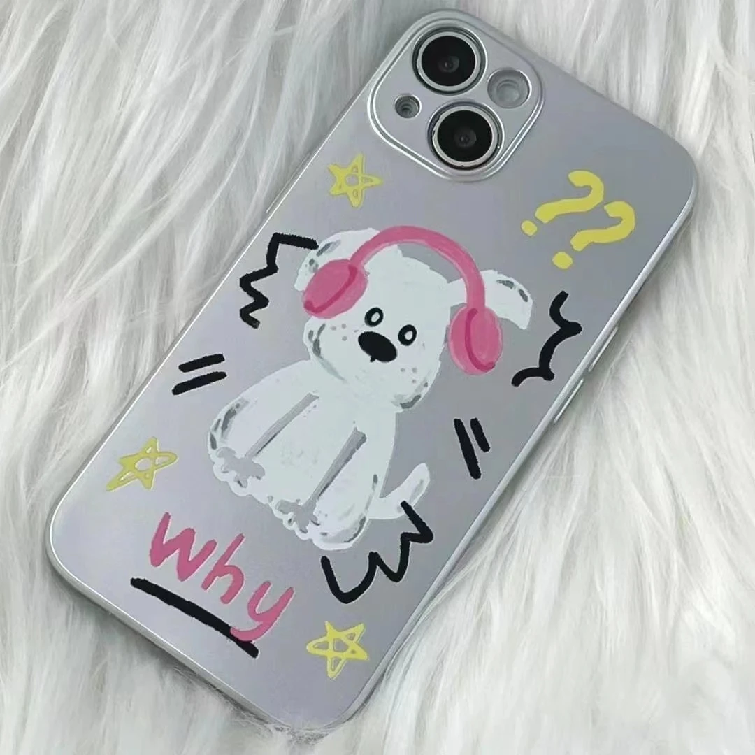 耳机小狗电镀银手机壳适用苹果华为OPPO小米vivo一加iQOO可爱全包