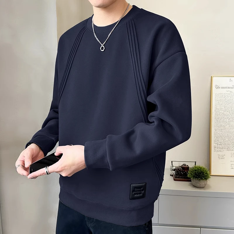 春秋季简约拼接休闲卫衣男2024新款线条设计感百搭圆领打底衫长袖