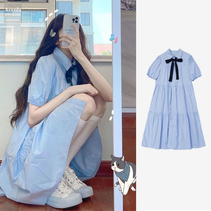 奶蓝色泡泡袖初恋公主娃娃裙子女夏季奶甜可盐可甜炸街衬衫连衣裙