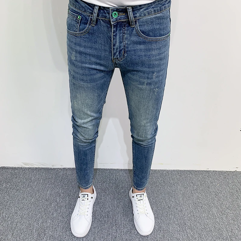2024春夏新款蓝色九分牛仔裤男简约水洗百搭弹力修身小脚显瘦长裤