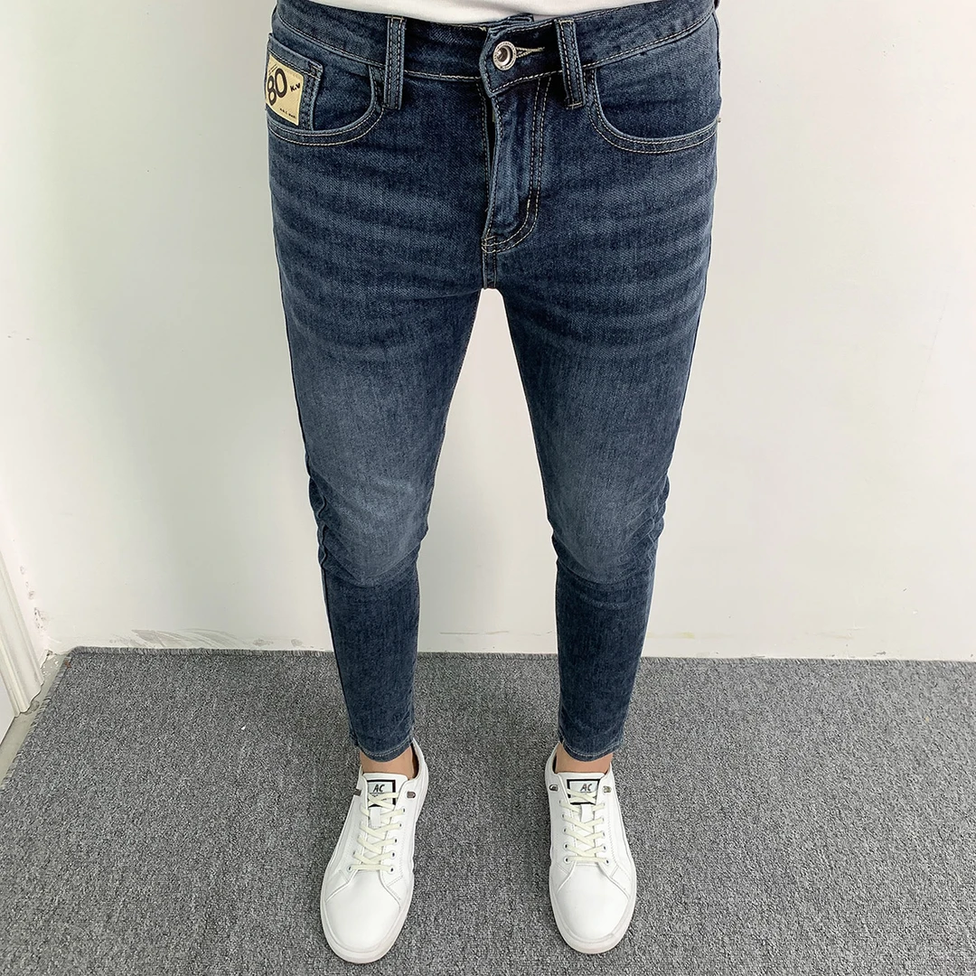 夏季薄款韩版修身小脚长裤男士牛仔裤子潮流休闲水洗蓝色百搭显瘦