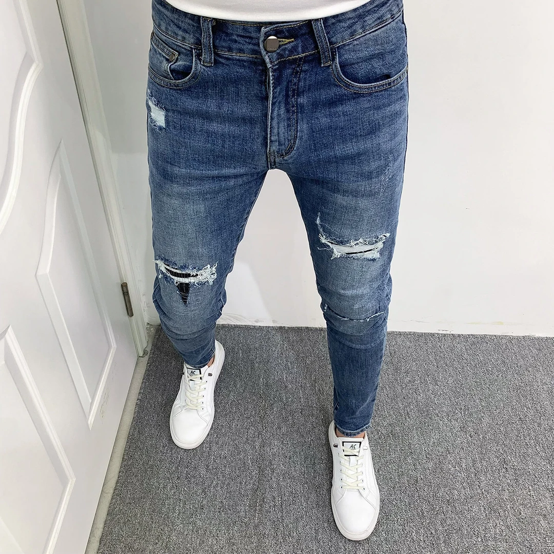 新款破洞牛仔裤男2024秋季潮流个性修身水洗蓝色百搭韩版小脚长裤