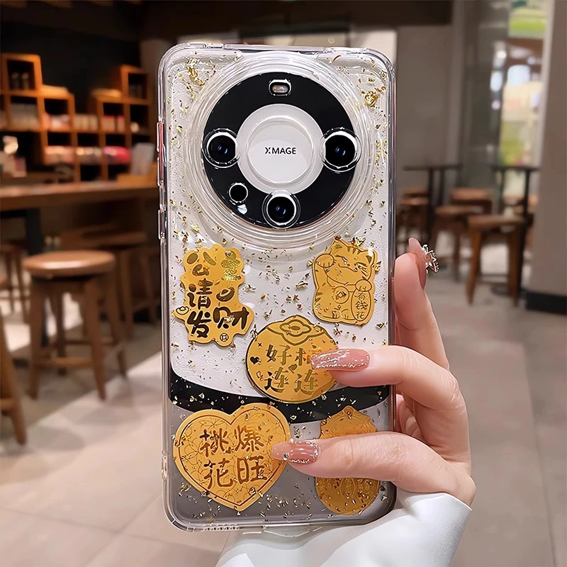 招财猫适用华为mate60Pro手机壳新款mate70金箔财神爷50Pro硅胶女