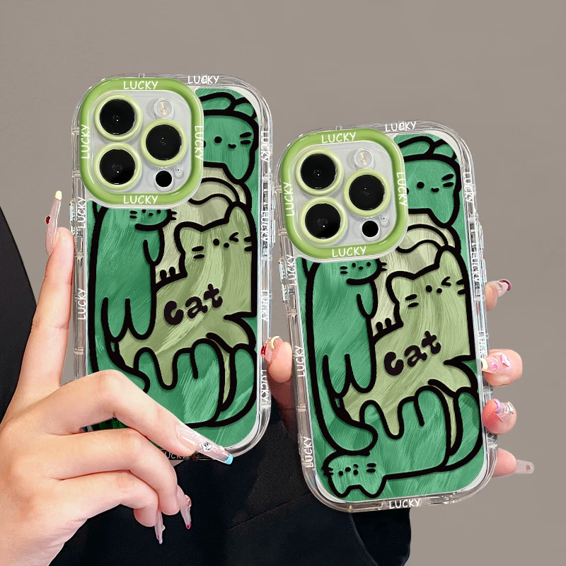 适用于【苹果/华为/OPPO/VIVO/红米】绿色线条猫咪羽纱奶油手机壳