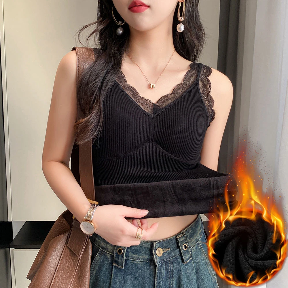 蕾丝v领吊带背心女秋冬无痕带胸垫亲肤舒适加绒大码轻薄保暖打底