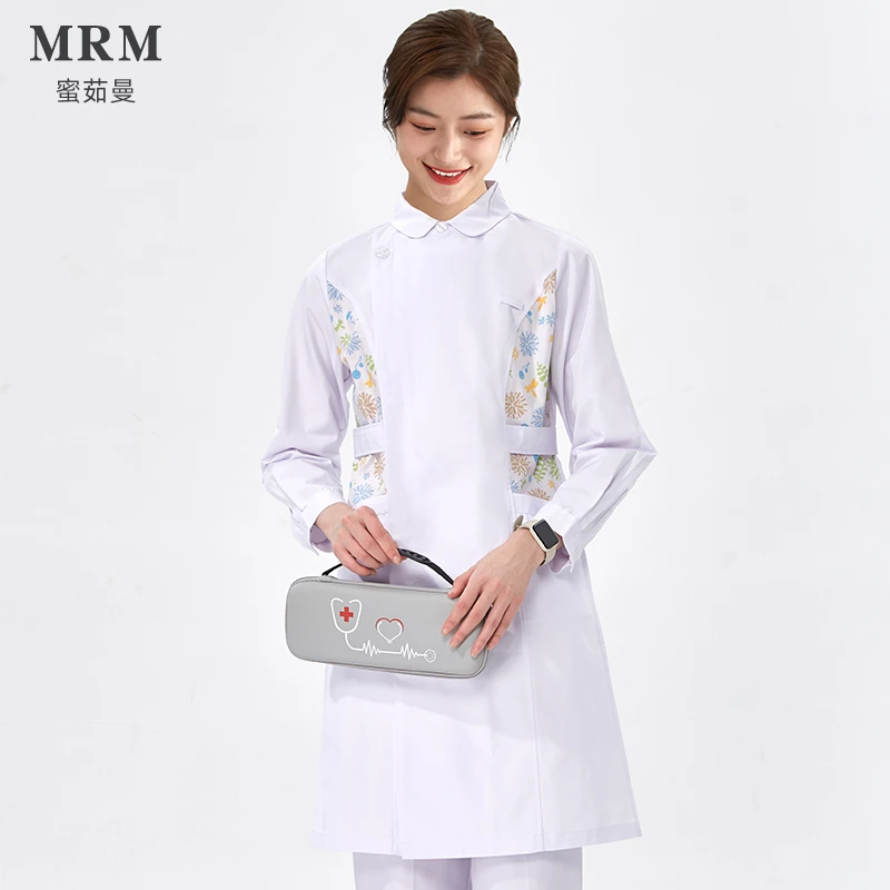 白大褂女短袖偏襟工作服学生实验服白大衣长袖美容院拼色衣服