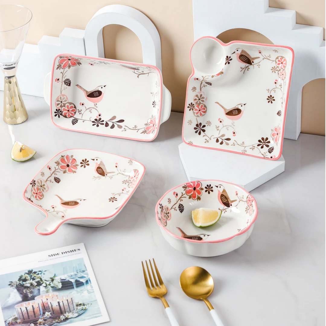 乌语花香6英寸花边碗家用陶瓷吃面嗦粉碗出口外贸花边碗