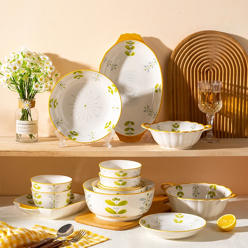 逢春17件大套装：6碗+4盘+4勺+9.5双耳汤碗+8.5双耳方盘+12.5鱼盘