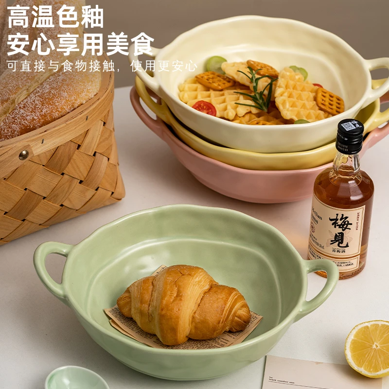 奶油7英寸手捏双耳碗陶瓷加大不规则ins风陶瓷餐具沙拉泡面碗家用