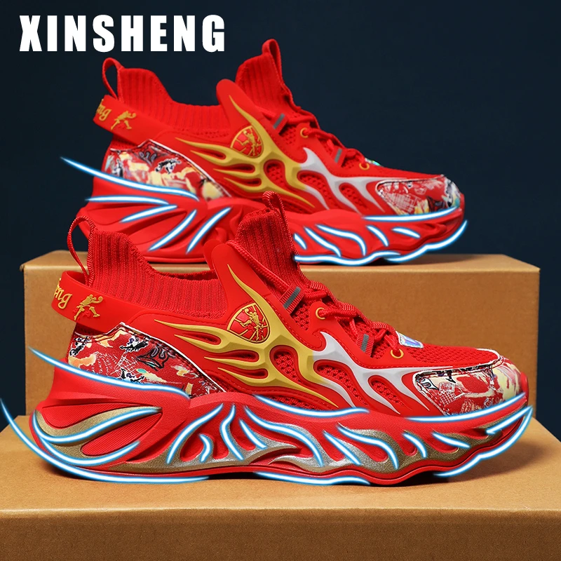 马年本命年鞋子红色男鞋国潮跑步鞋青少年红鞋男款休闲大码运动鞋