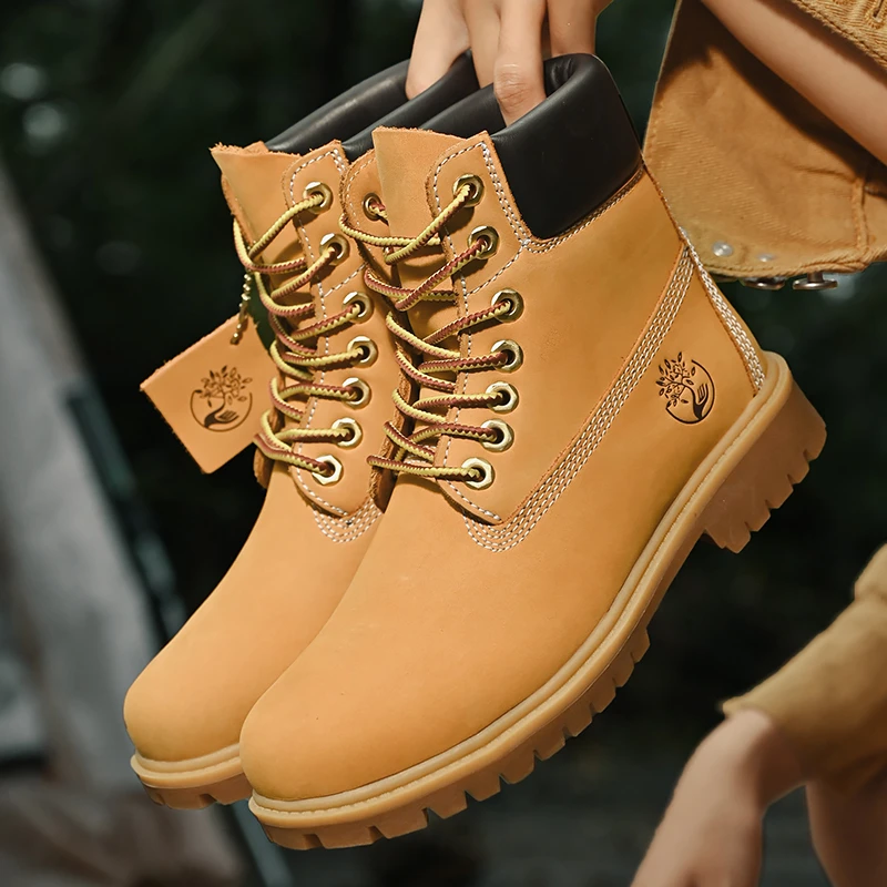头层牛皮大黄靴男真皮防水情侣款户外2025新款工装靴登山马丁靴女