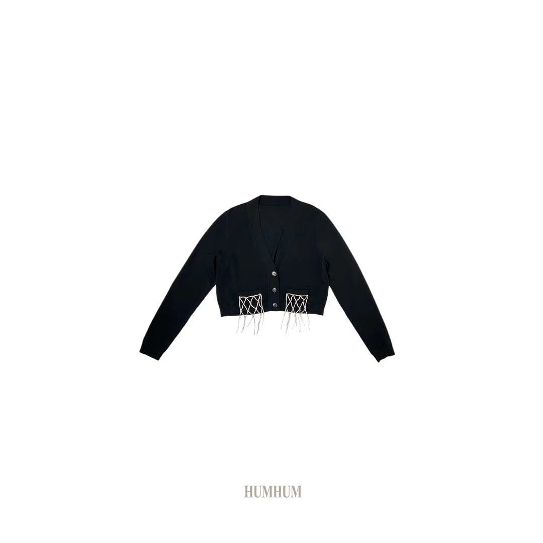 HUMHUM｜动态优雅高延展水钻流苏口袋雾面黑开衫