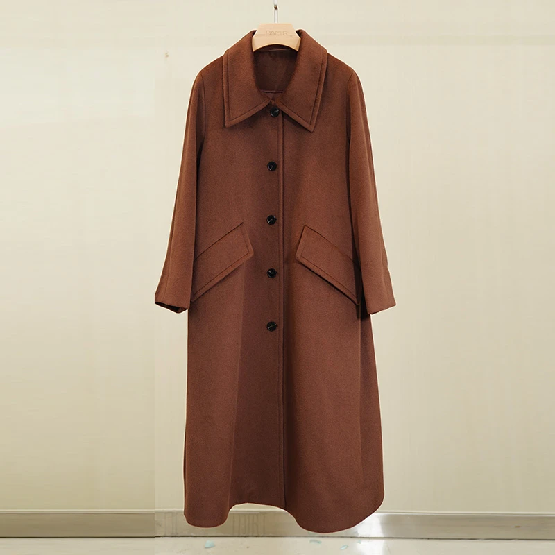 PAMIR秋冬女翻领骆驼绒系扣长袖毛呢大衣外套 T032Q