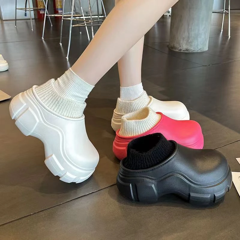 棉拖鞋女秋冬可外穿室内居家增高松紧袜舒适保暖厚底包头防水棉鞋