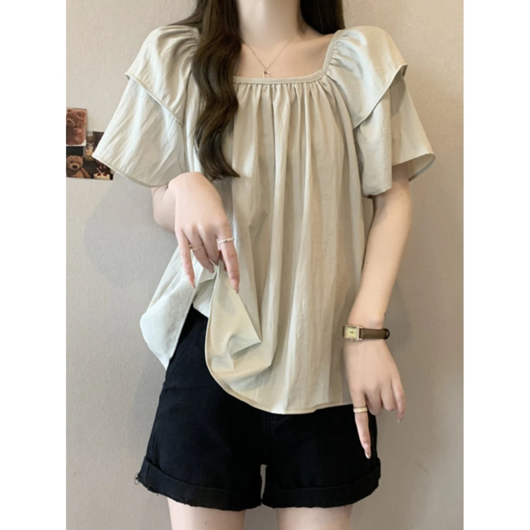 2024年大码气质甜美风复古方领短袖衬衫女胖mm宽松显瘦遮肚百搭上