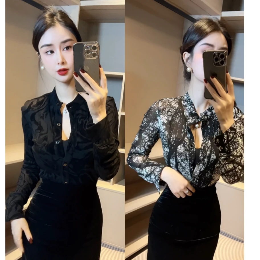 2023秋冬新款韩版洋气显瘦百搭气质减龄百搭时尚植物网纱长袖上衣