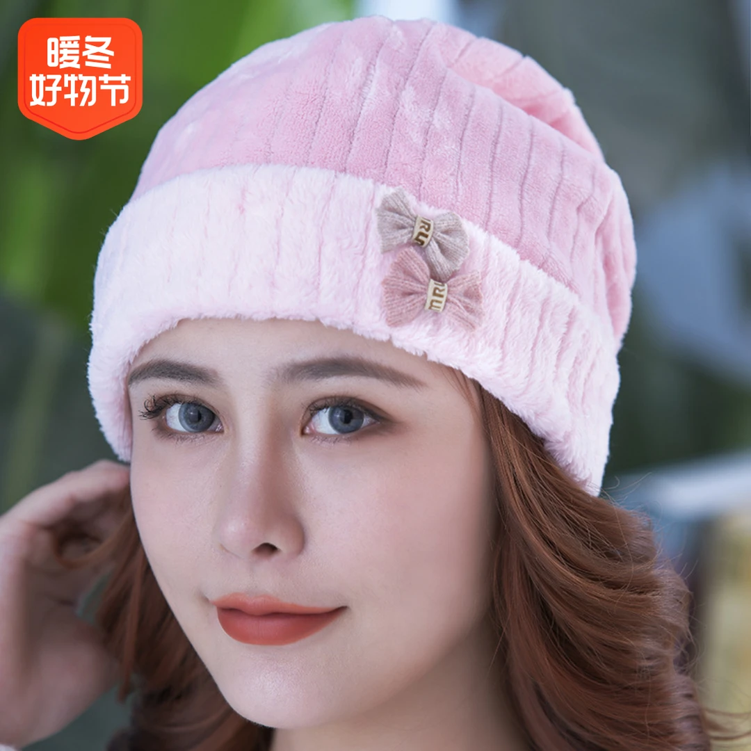 珊瑚绒孕妇帽子产妇帽防头风双面法兰绒蝴蝶结月子帽
