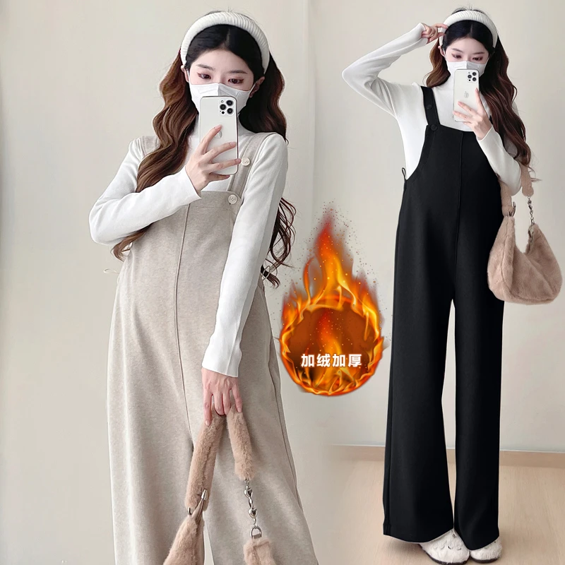 孕妇背带裤秋冬款2024新款加绒加厚宽松阔腿裤韩版时尚款外穿长裤