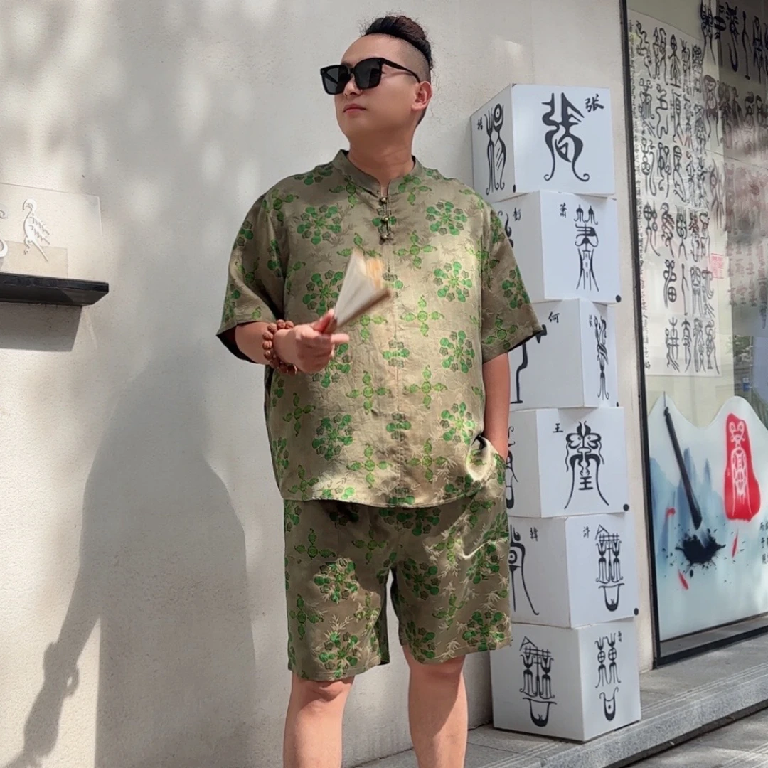 高端真丝香云纱双面双穿休闲套装男士短袖短裤夏季0150