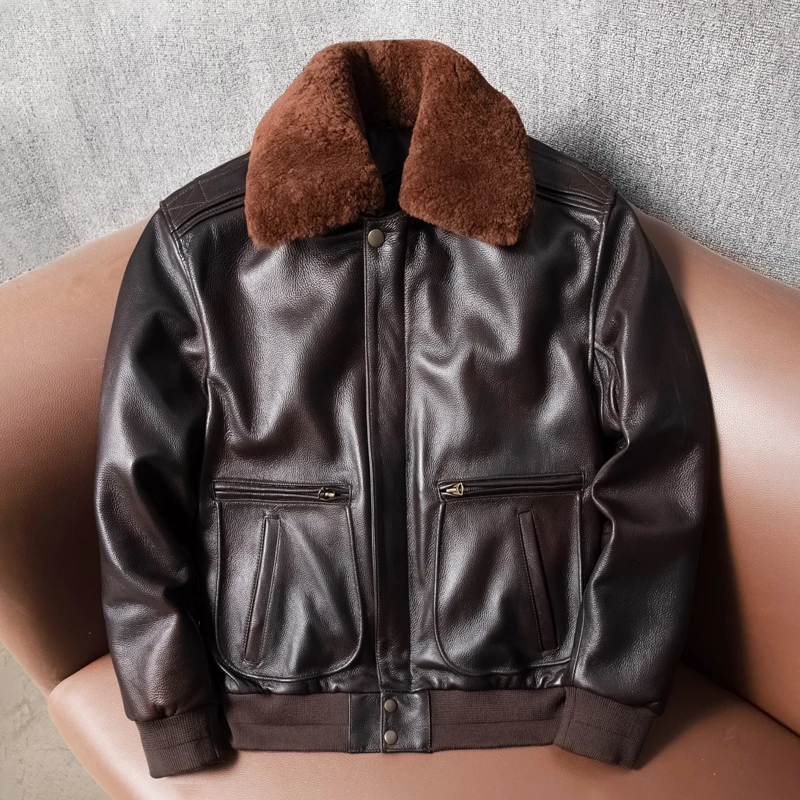 毛领飞行服牛皮真皮皮衣皮夹克加棉可拆卸内胆男外套 2406无标