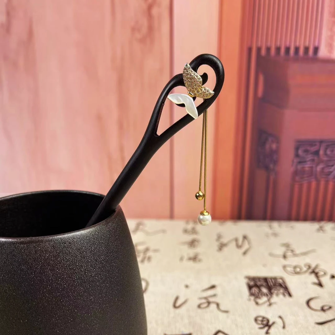 黑檀木手工蝴蝶发簪国风适合年轻人的簪子小众日常盘发木钗头饰