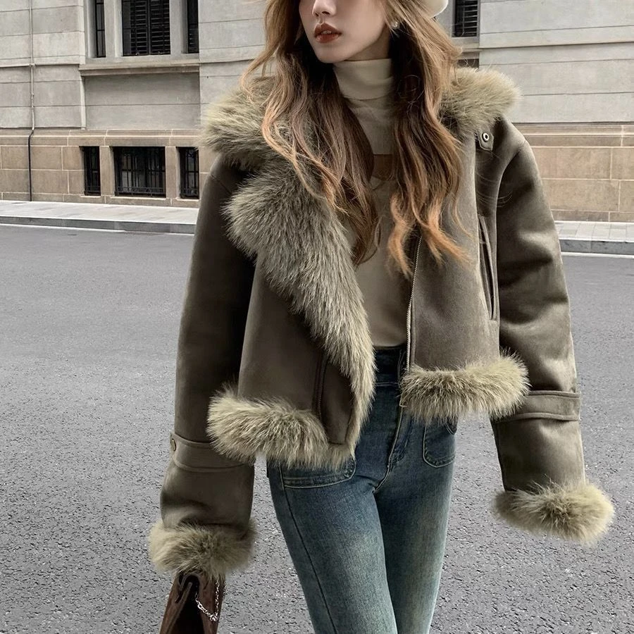 【现货+运费险】皮毛一体短款外套机车服女显瘦韩版休闲夹克JD577