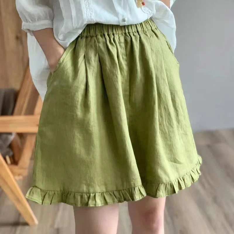 【退换包运费】木耳边设计2024夏季新款休闲棉麻阔腿大码短裤女U518
