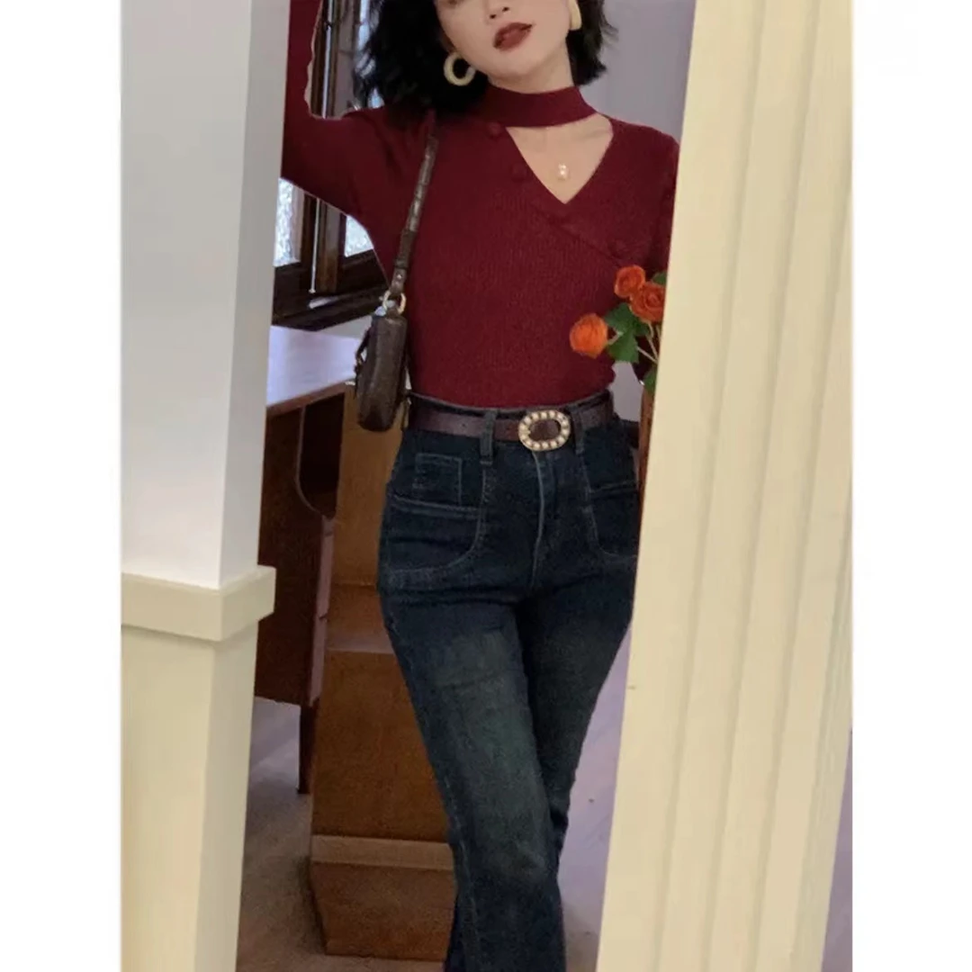 【090】H-1小香风设计感显瘦挂脖毛针织打底衫女秋冬修身针织上衣