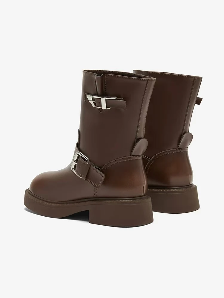 【S637款】 时尚英伦靴女复古厚底皮带扣中筒靴
