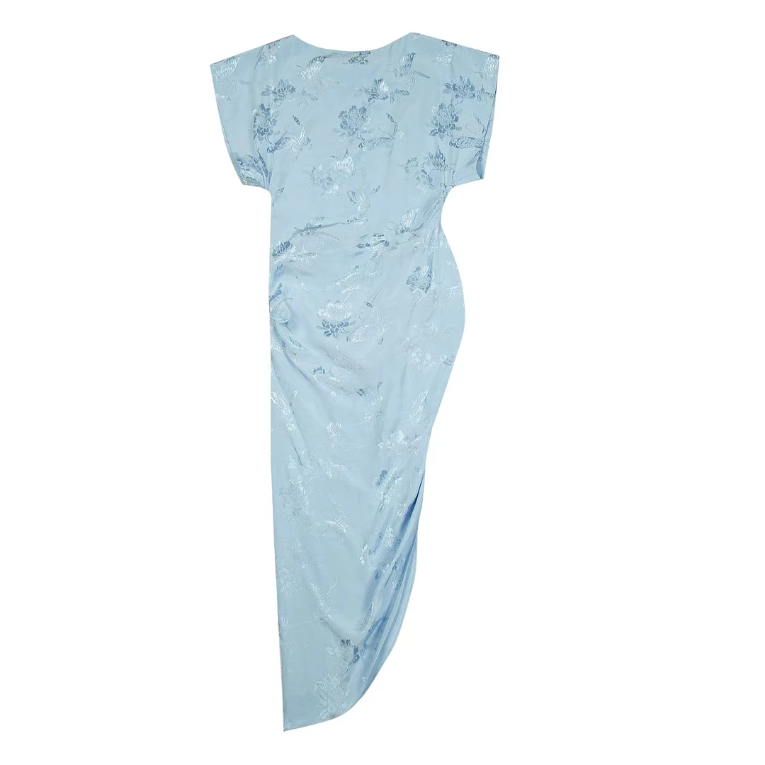 【坤姨专属】“东方既白”净蓝中式国风提花收腰气质女装连衣裙