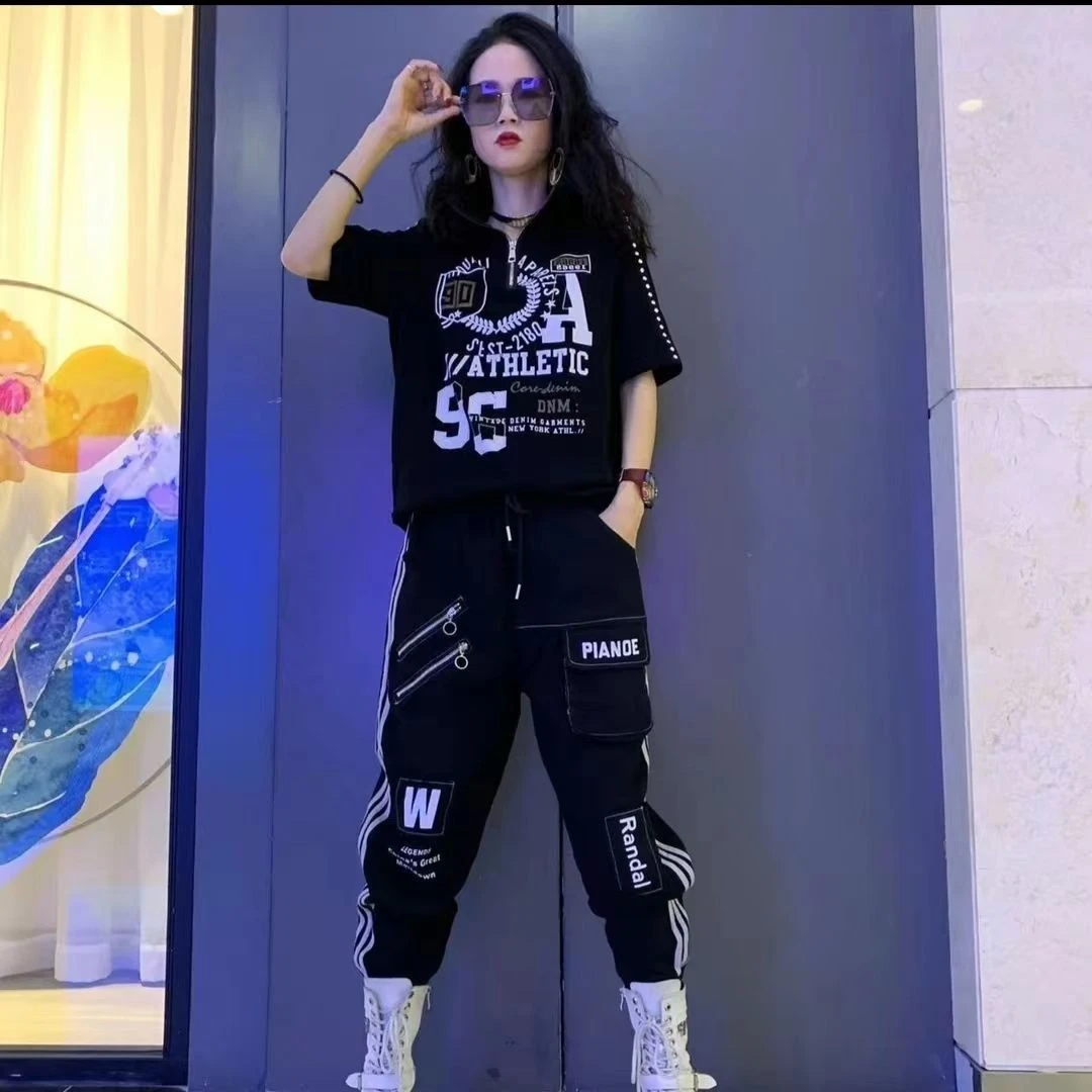 欧洲站2024夏季新款时尚简约立领上衣女休闲通勤拼条休闲裤套装